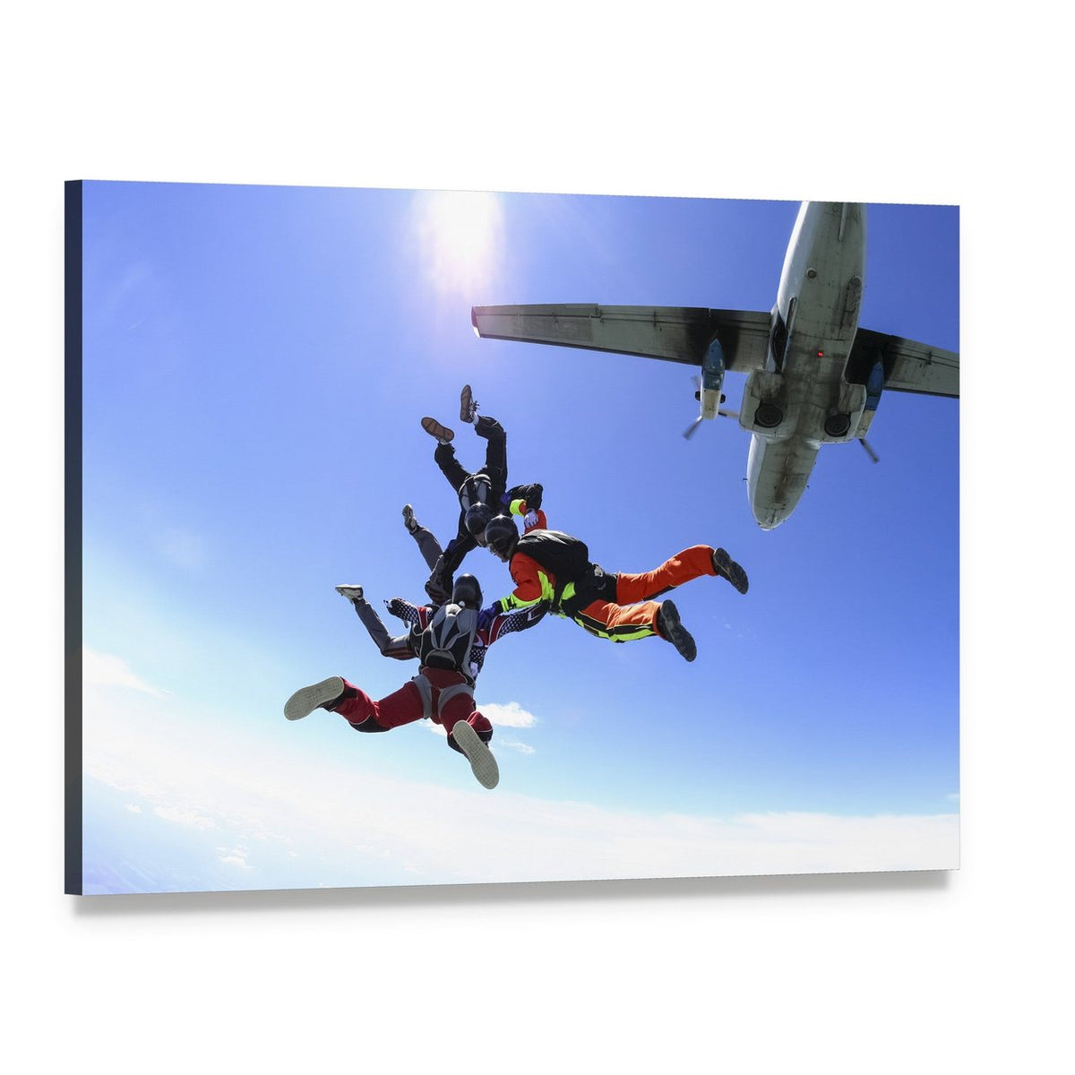 Exciting Skydiving Adventure with Airplane Canvas Wall Art, single panel gallery wrapped canvas, angled product view