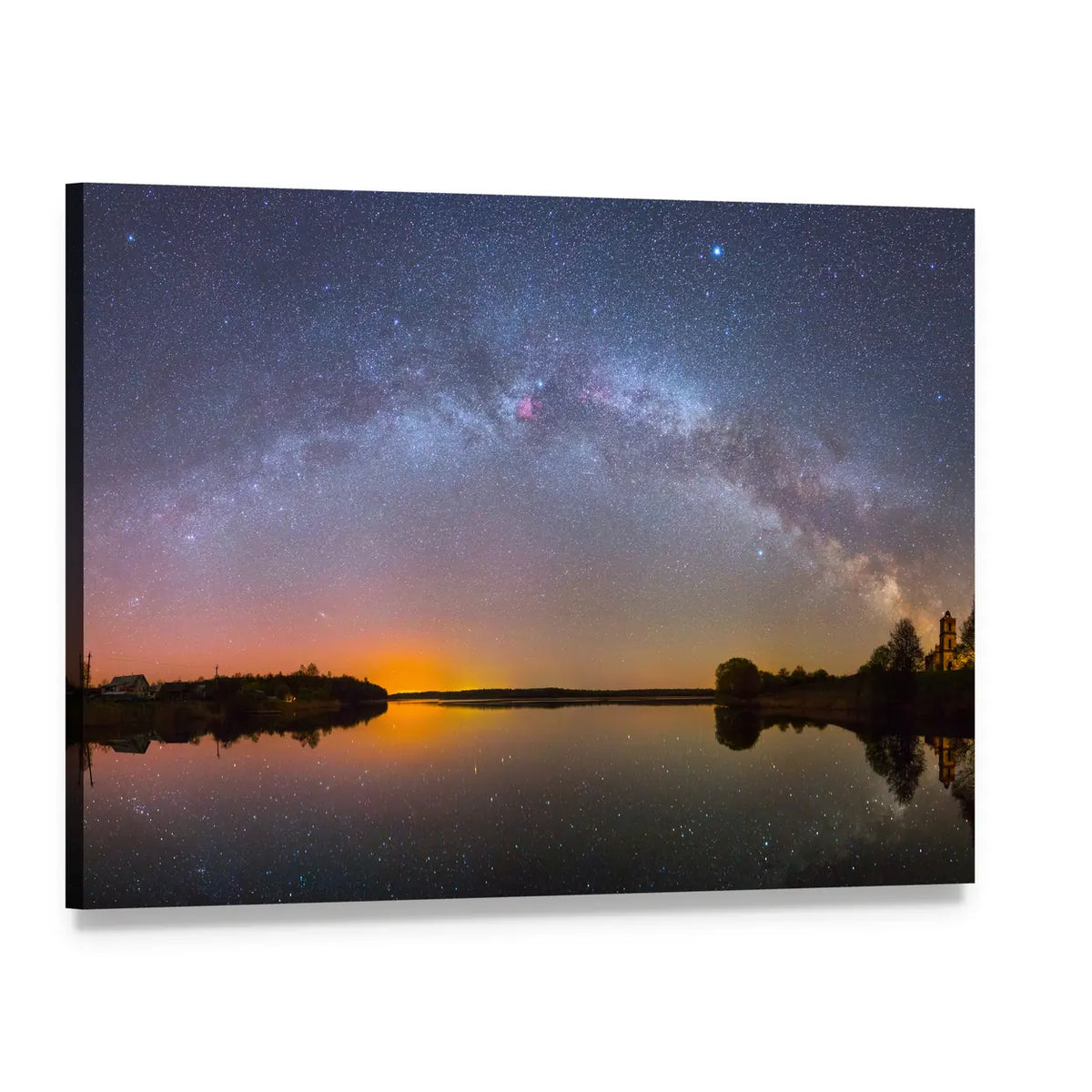 Milky Way Over Lake Canvas Wall Art, single panel gallery wrapped canvas, angled product view