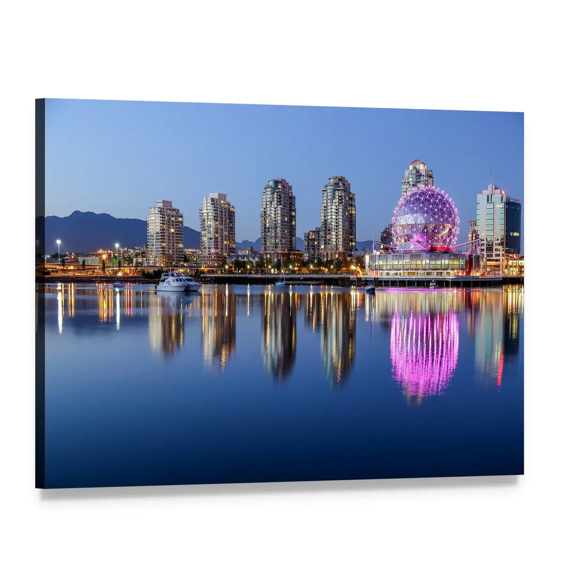 Vancouver Night Skyline with Science World Dome Canvas Wall Art, single panel gallery wrapped canvas, angled product view
