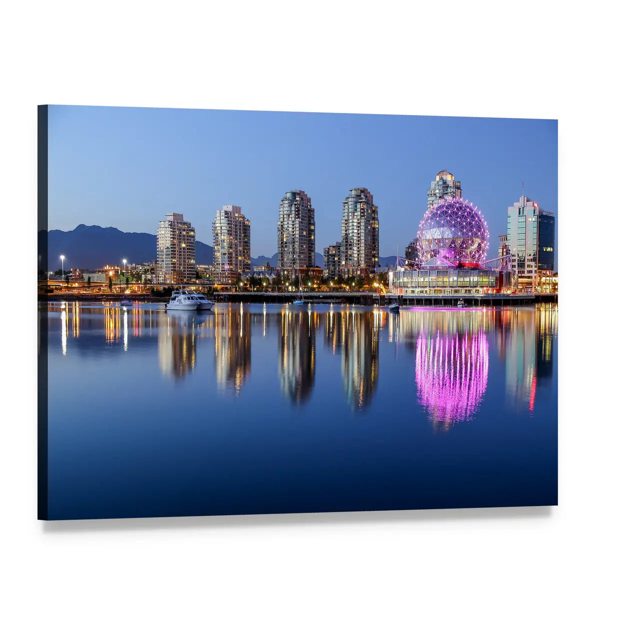 Vancouver Night Skyline with Science World Dome Canvas Wall Art, single panel gallery wrapped canvas, angled product view
