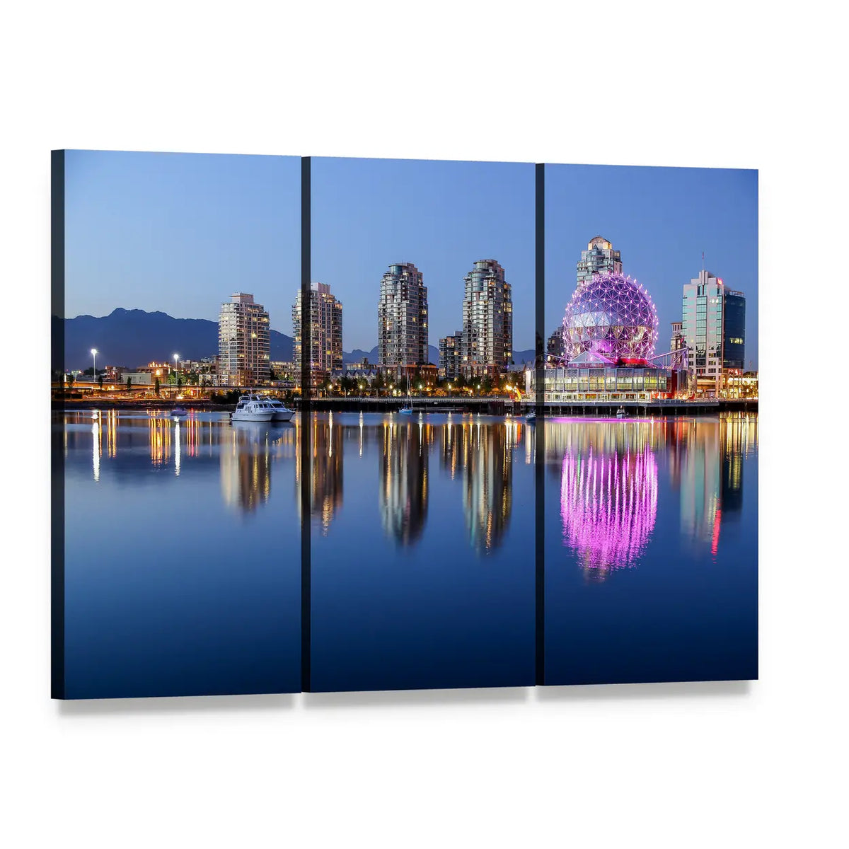 Vancouver Night Skyline Canvas Wall Art, 3 panel 3 Horizontal layout gallery wrapped canvas set, angled product view