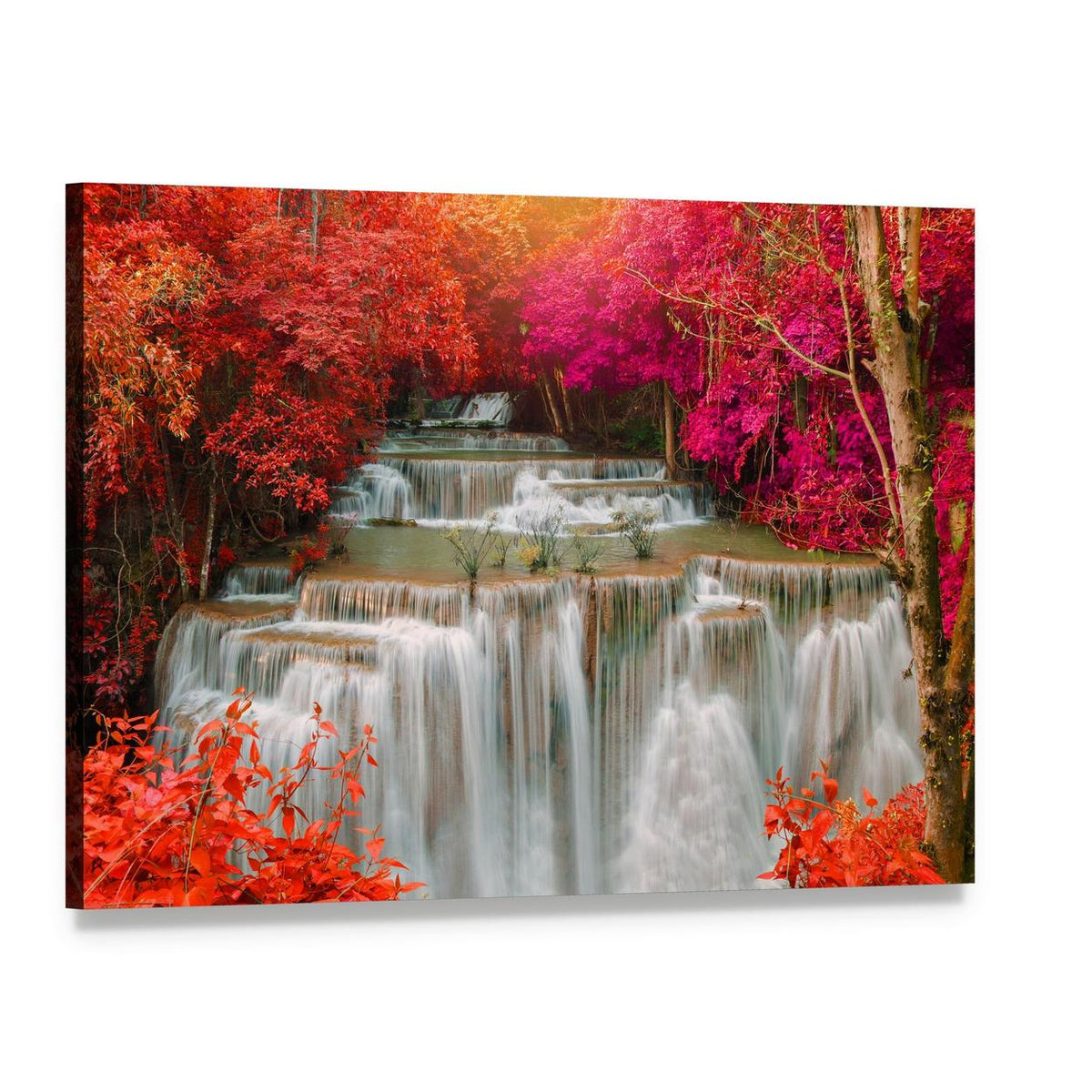 Waterfall in Pink and Red Trees Canvas Wall Art, single panel gallery wrapped canvas, angled product view