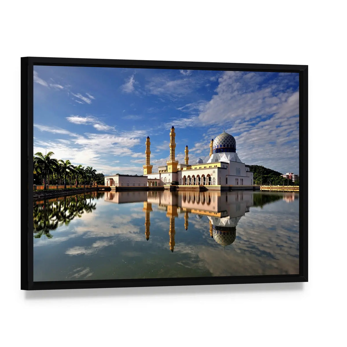 Floating City Mosque In Kota Kinabalu Sabah Borneo Canvas Wall Art, framed canvas in a black floater frame, angled product view