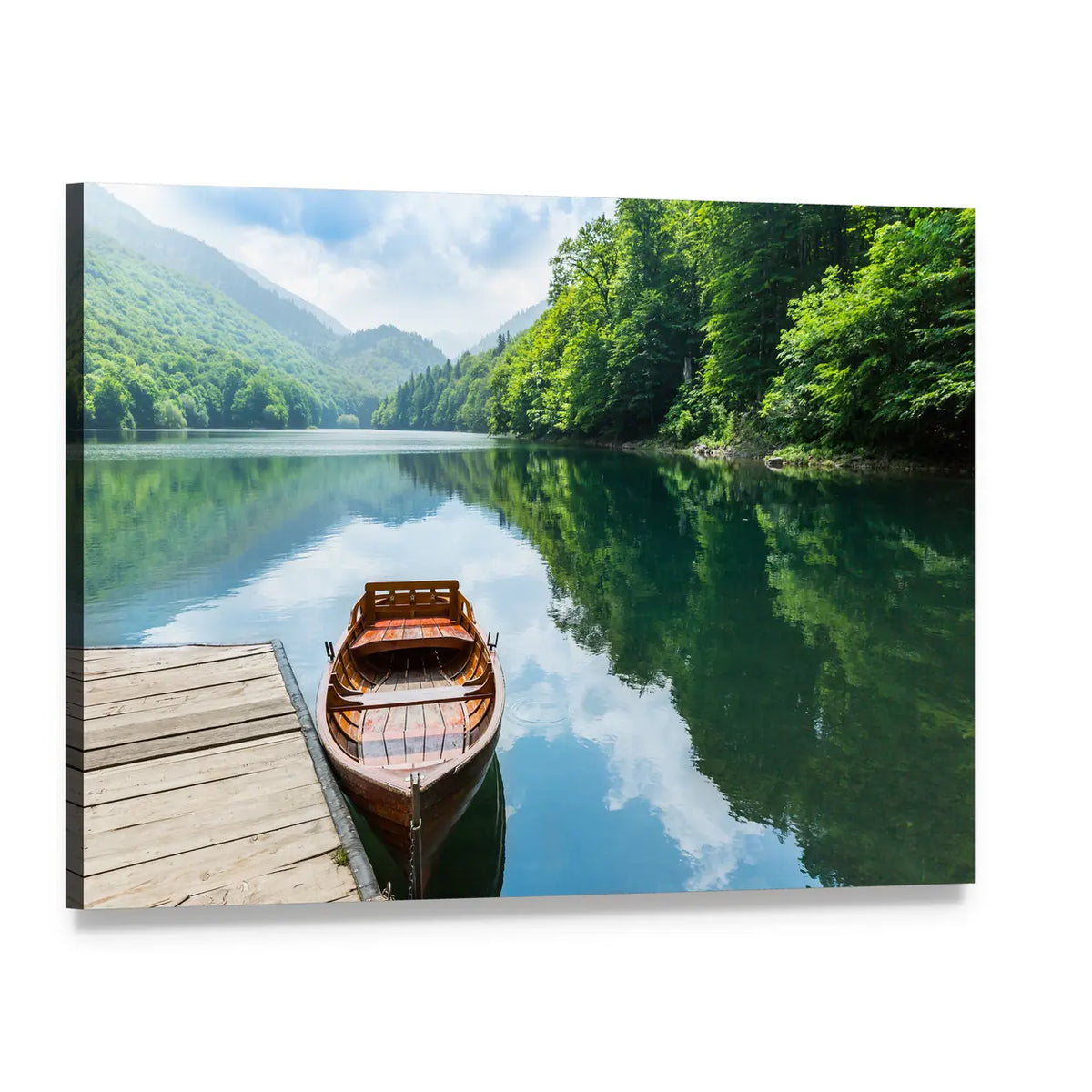Wooden Rowboat at Mountain Lake Pier Canvas Wall Art, single panel gallery wrapped canvas, angled product view