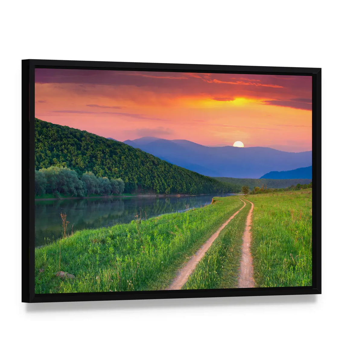 Sunset Meadow with River and Dirt Road Canvas Wall Art, framed canvas in a black floater frame, angled product view