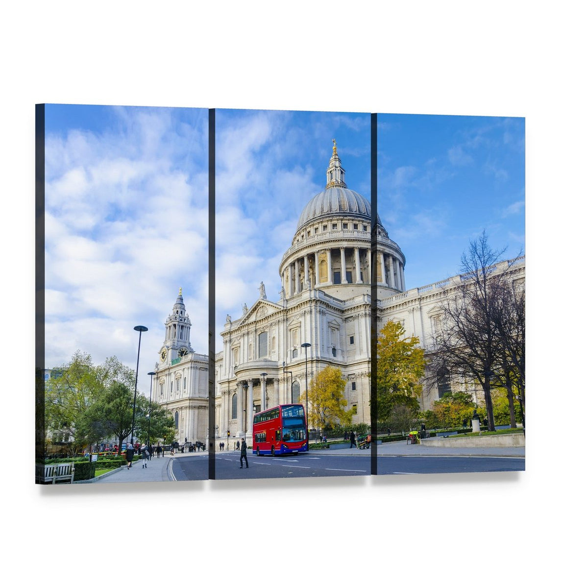 St Paul's Cathedral with Red Double-decker Canvas Wall Art, 3 panel 3 Horizontal layout gallery wrapped canvas set, angled product view