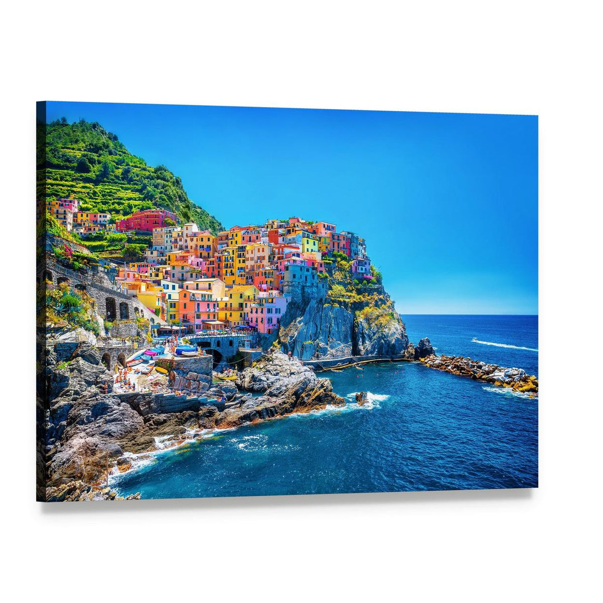 Colorful Coastal Village on Cliffs Canvas Wall Art, single panel gallery wrapped canvas, angled product view