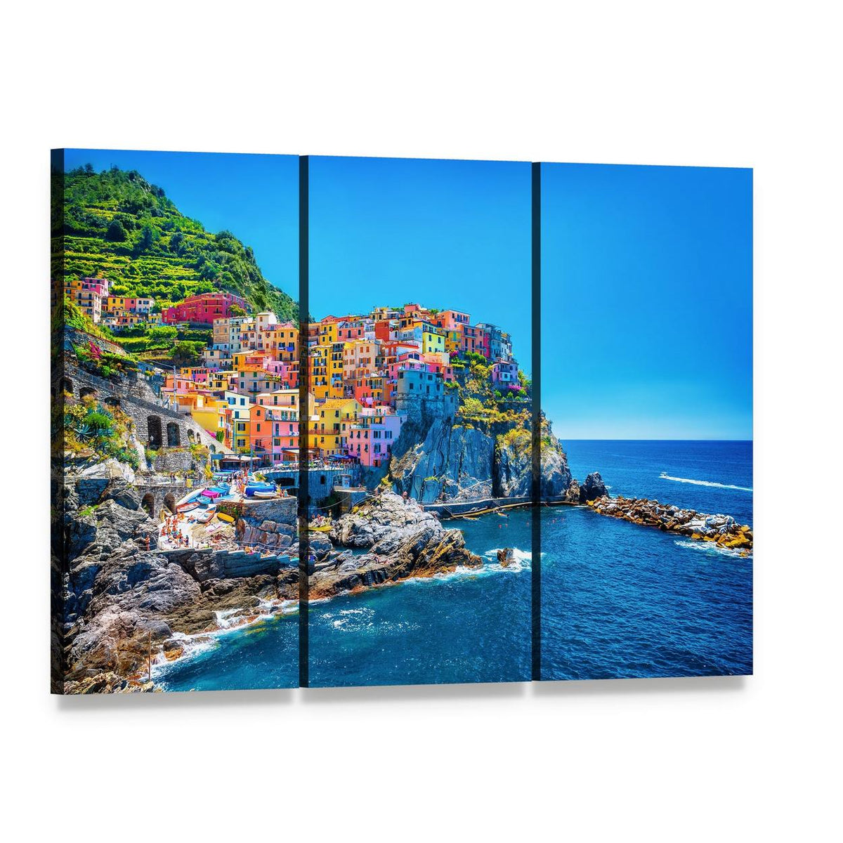 Colorful Coastal Village on Cliffs Canvas Wall Art, 3 panel 3 Horizontal layout gallery wrapped canvas set, angled product view