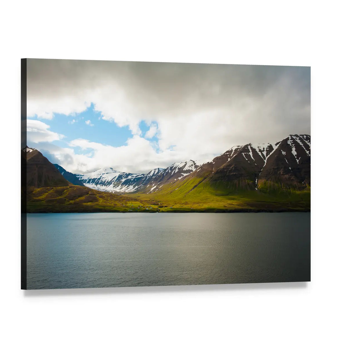 Olafsfjordur Snow-capped Mountains Canvas Wall Art, single panel gallery wrapped canvas, angled product view