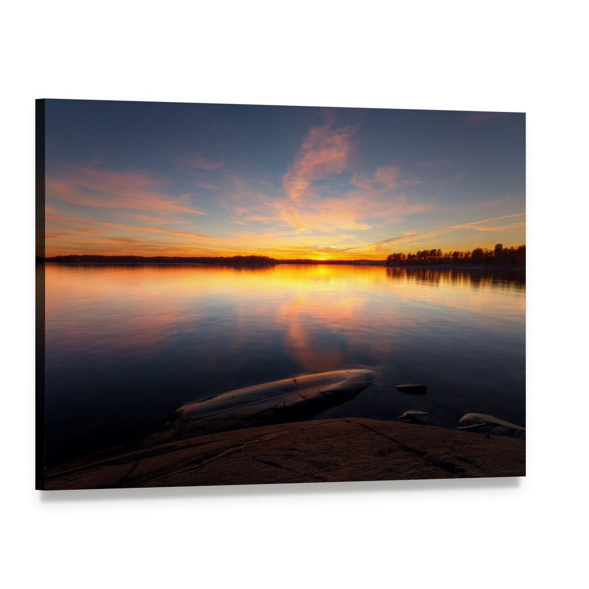 Sunrise Over Still Sea and Rocky Shore Canvas Wall Art, single panel gallery wrapped canvas, angled product view