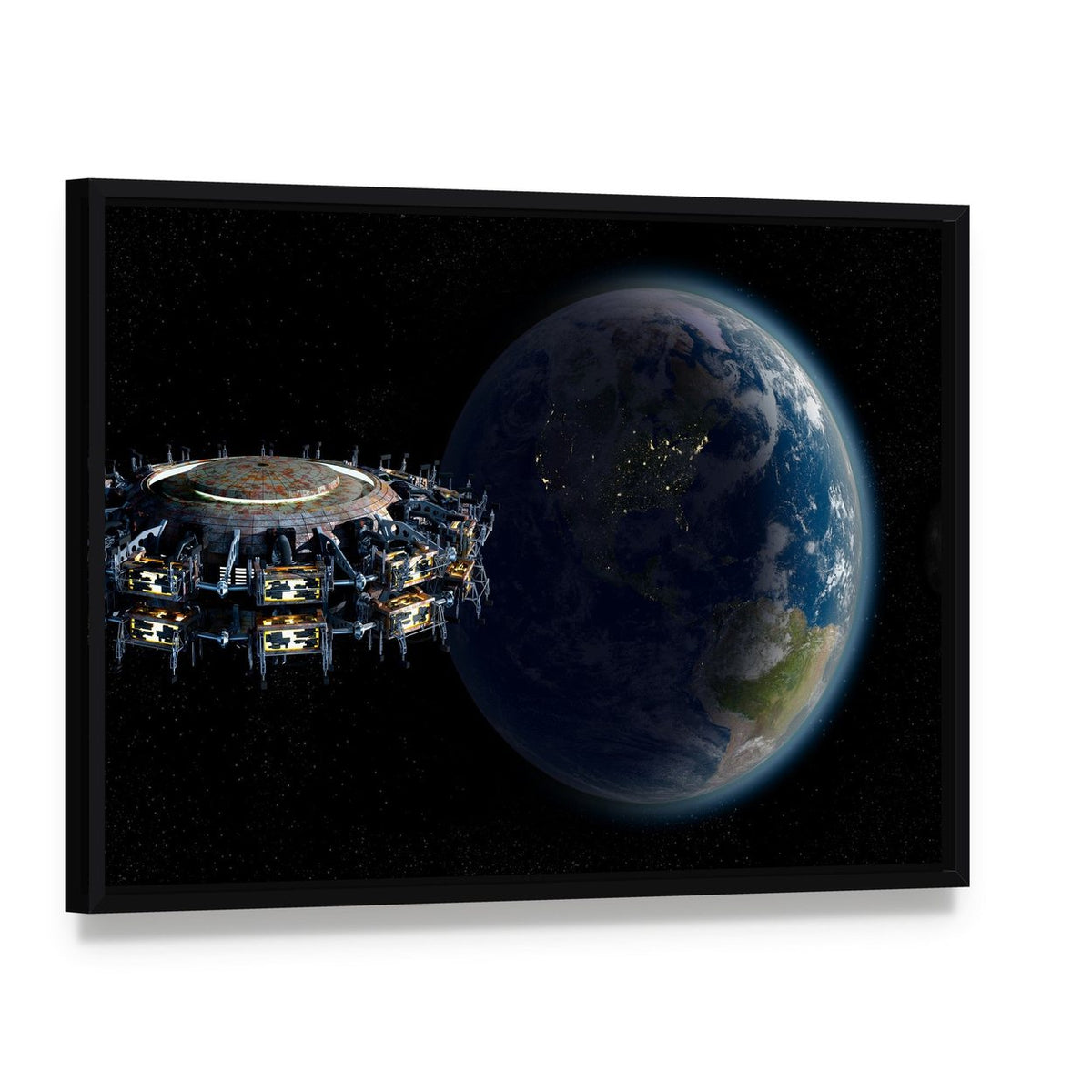 Alien Ufo Near Earth Canvas Wall Art, framed canvas in a black floater frame, angled product view