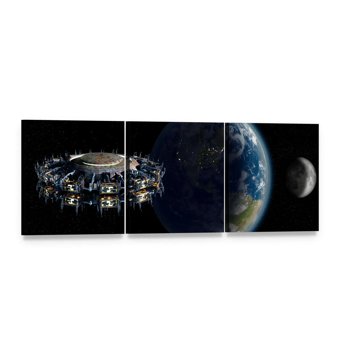 Alien Ufo Near Earth Panoramic Canvas Wall Art, 3 panel 3 Piece layout gallery wrapped canvas set, angled product view