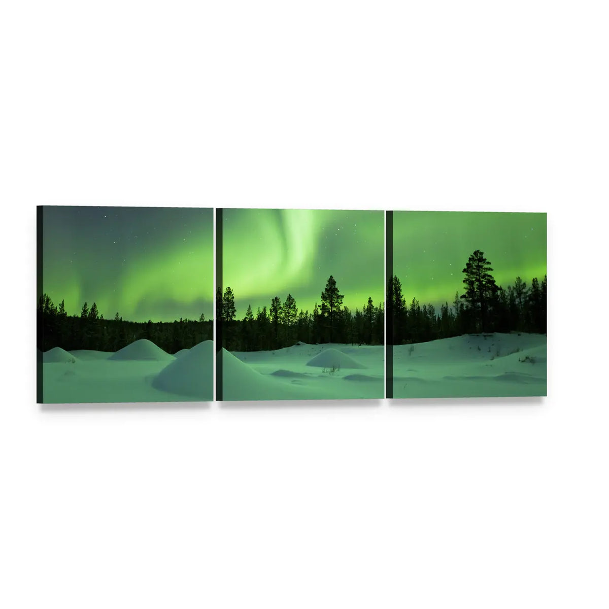 Aurora Borealis Over Snowy Pine Forest Panoramic Canvas Wall Art, 3 panel 3 Piece layout gallery wrapped canvas set, angled product view