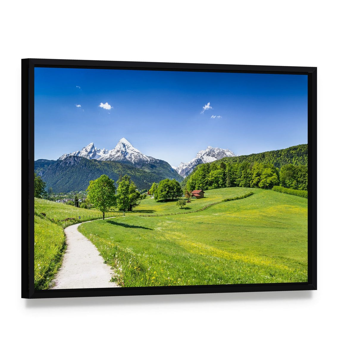 Summer Landscape in the Alps Canvas Wall Art, framed canvas in a black floater frame, angled product view