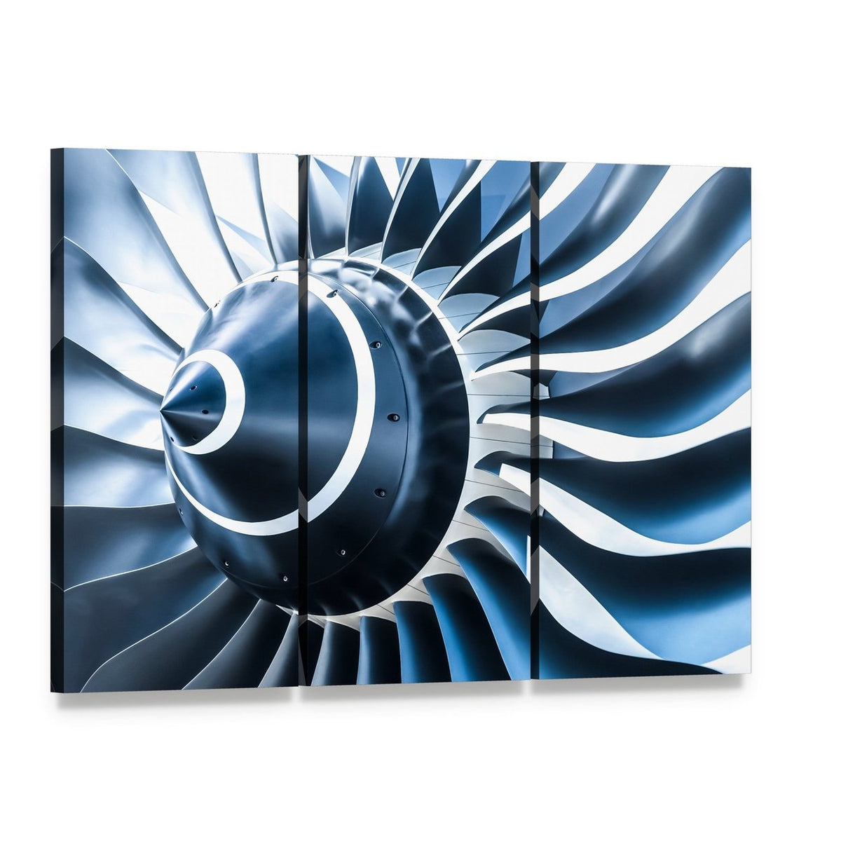 Jet Engine Blades Closeup Canvas Wall Art, 3 panel 3 Horizontal layout gallery wrapped canvas set, angled product view