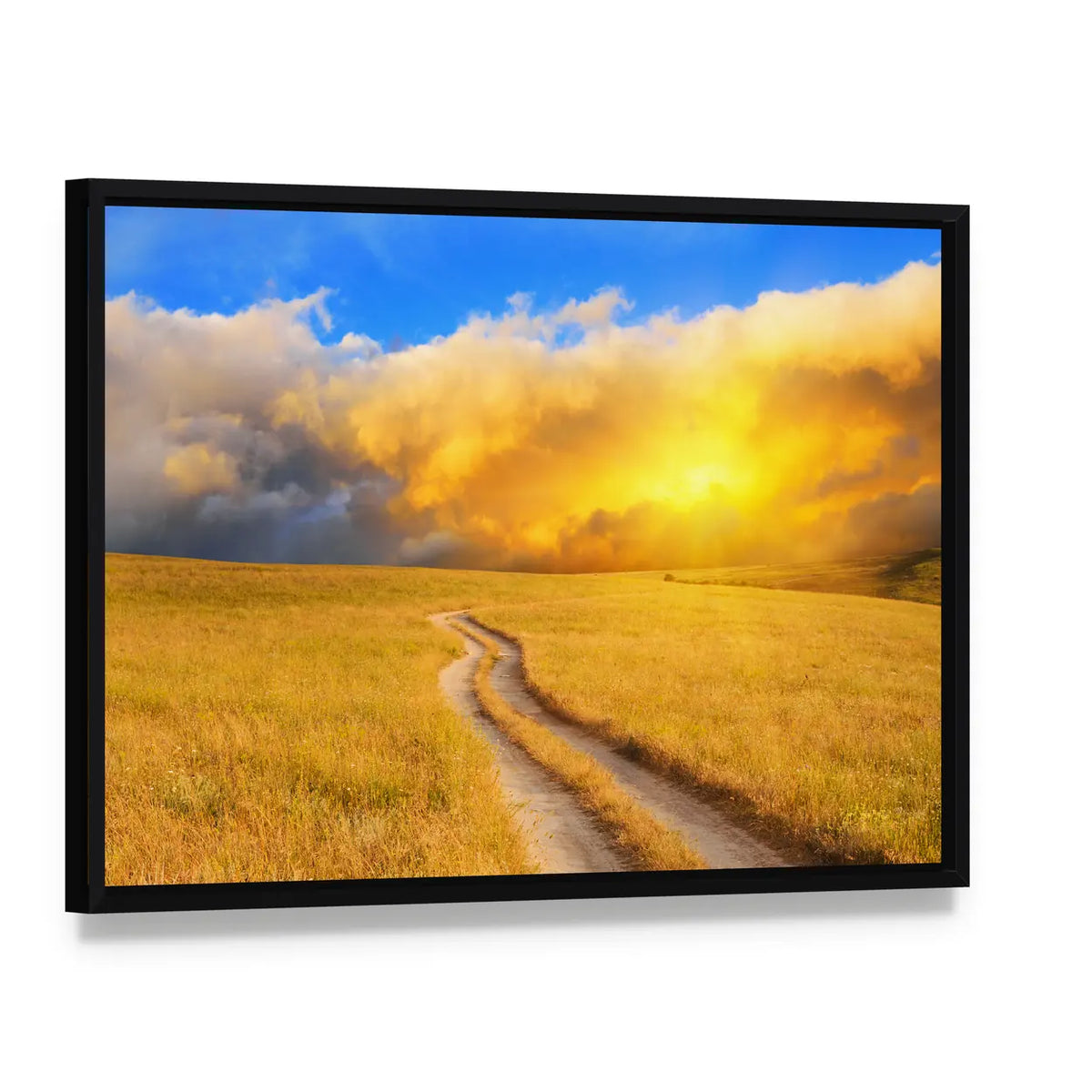 Sunrise Over the Meadow Canvas Wall Art, framed canvas in a black floater frame, angled product view