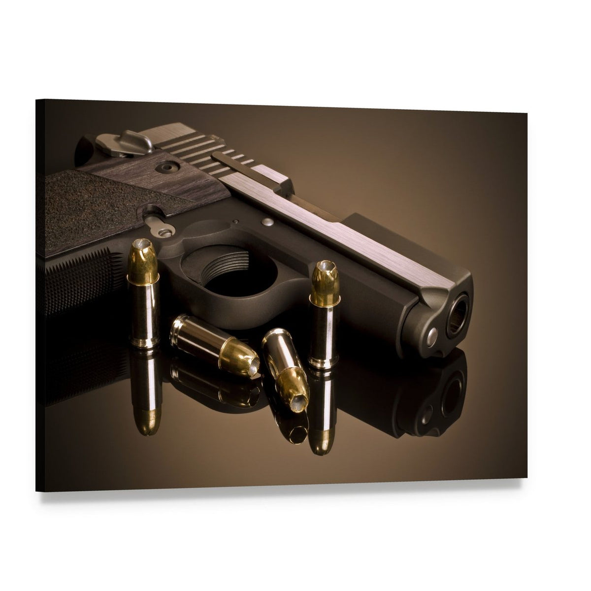Close-up of Handgun and Bullets Canvas Wall Art, single panel gallery wrapped canvas, angled product view