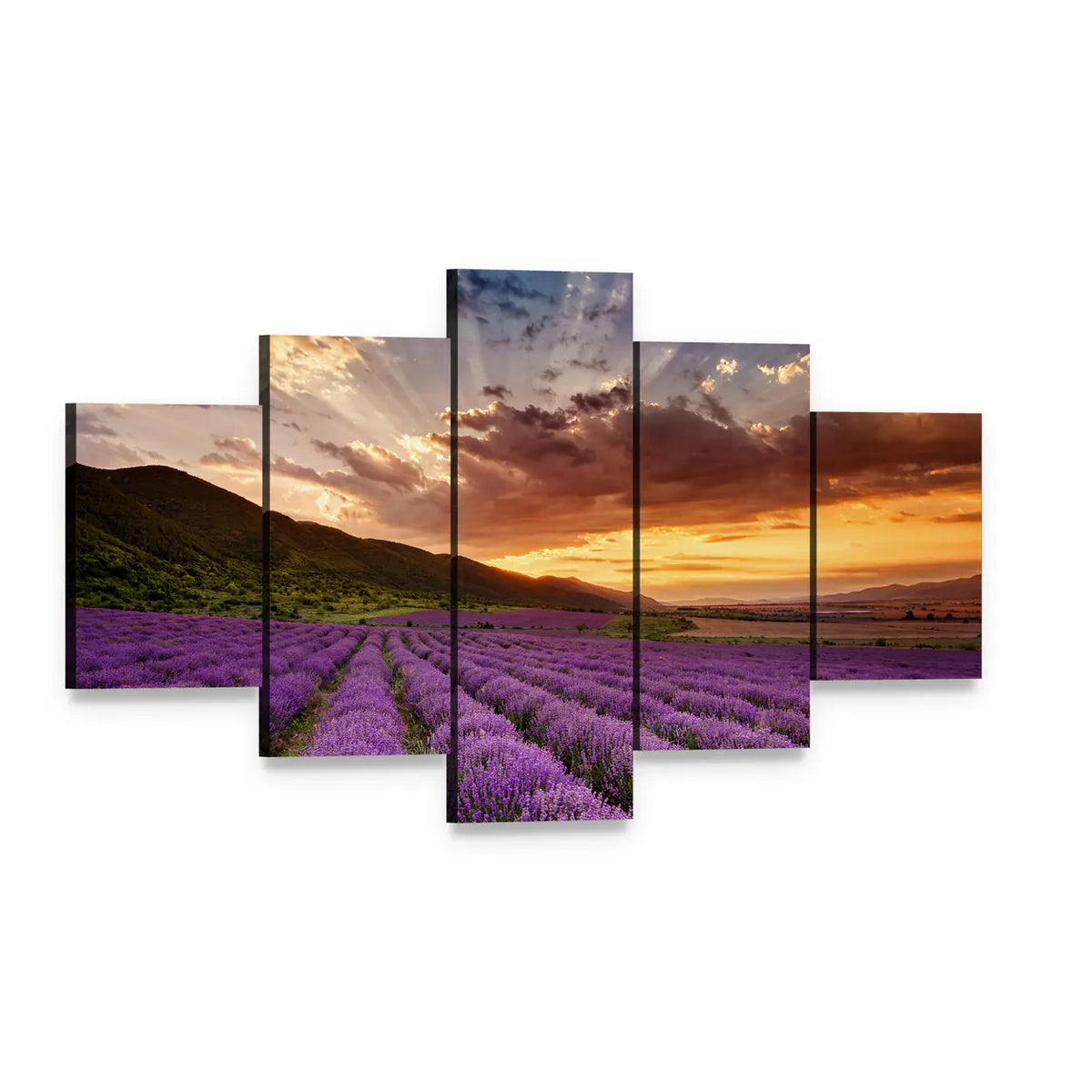 Sunset Over Lavender Field and Mountains Canvas Wall Art, 5 panel 5 Star layout gallery wrapped canvas set, angled product view