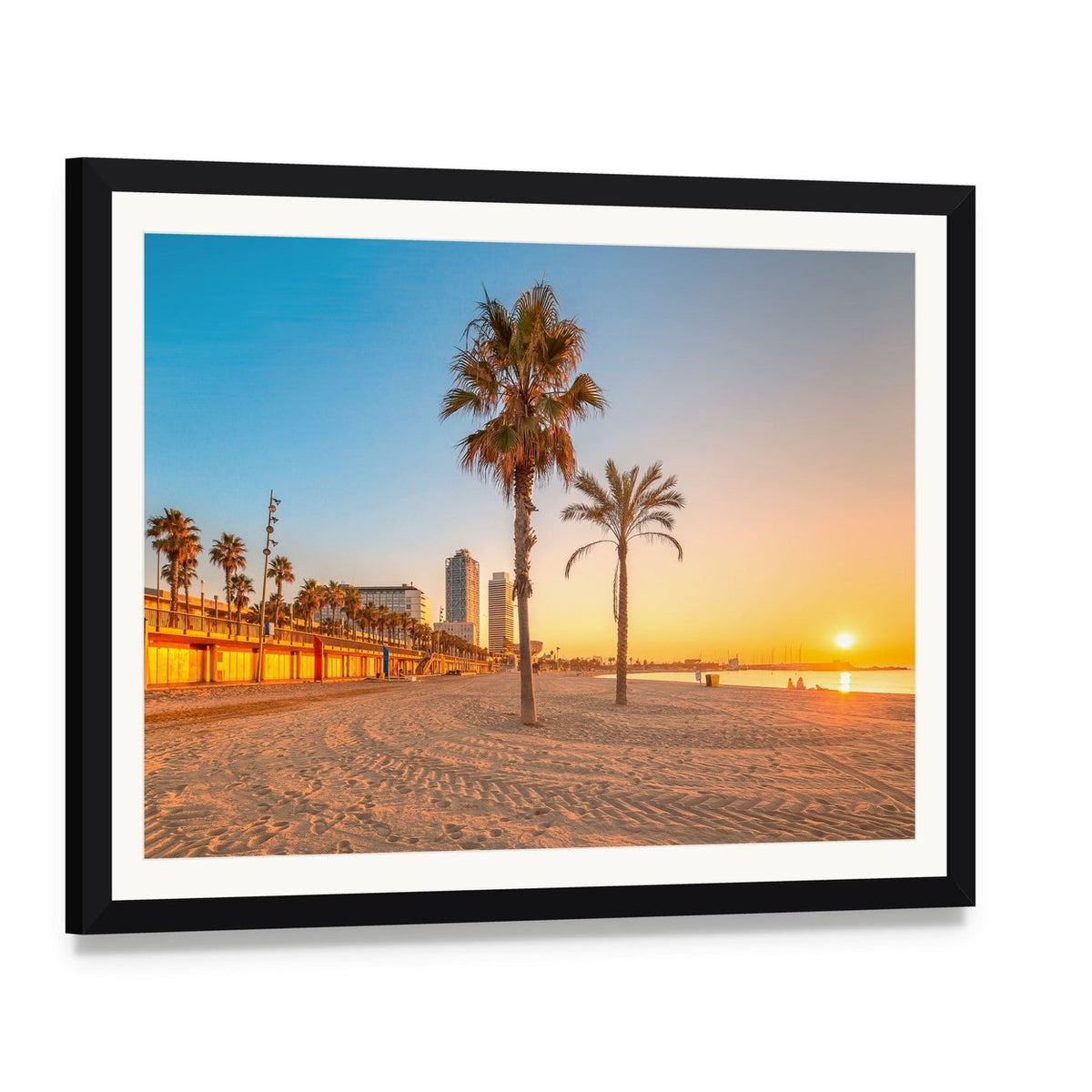 Barceloneta Beach at Sunrise Canvas Wall Art, framed print with white mat and black frame, angled product view