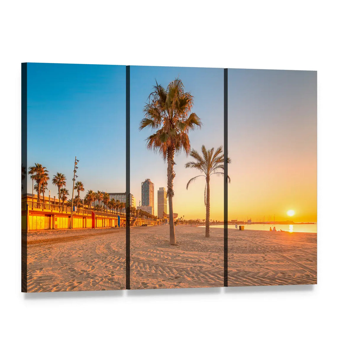 Barceloneta Beach at Sunrise Canvas Wall Art, 3 panel 3 Horizontal layout gallery wrapped canvas set, angled product view