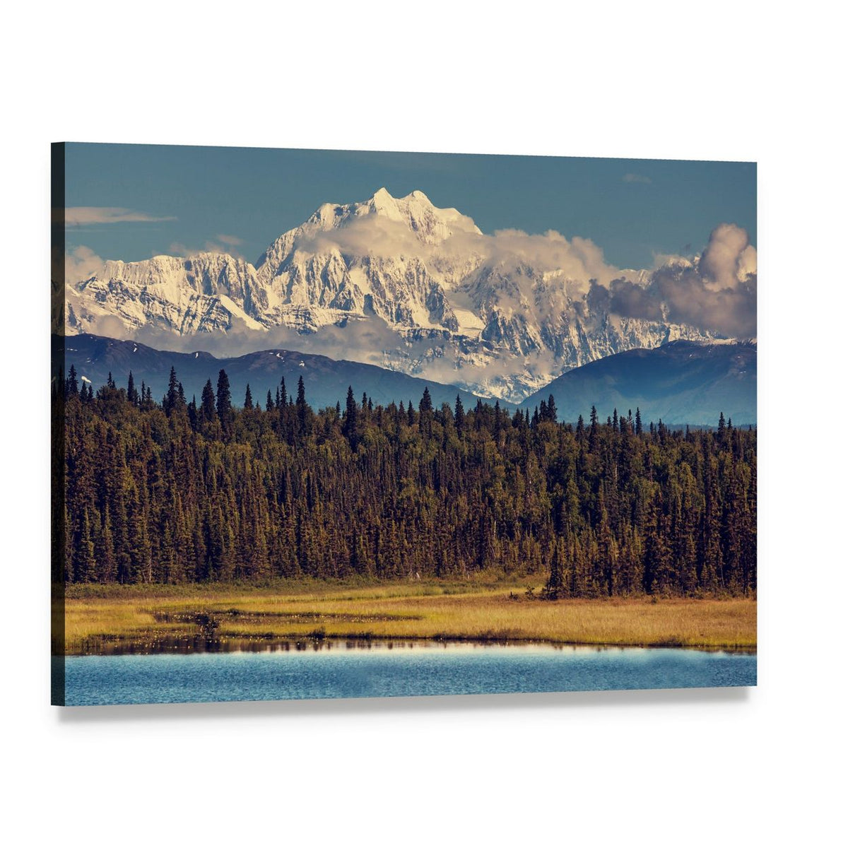 Snowy Mckinley Peak Over Pine Forest Canvas Wall Art, single panel gallery wrapped canvas, angled product view