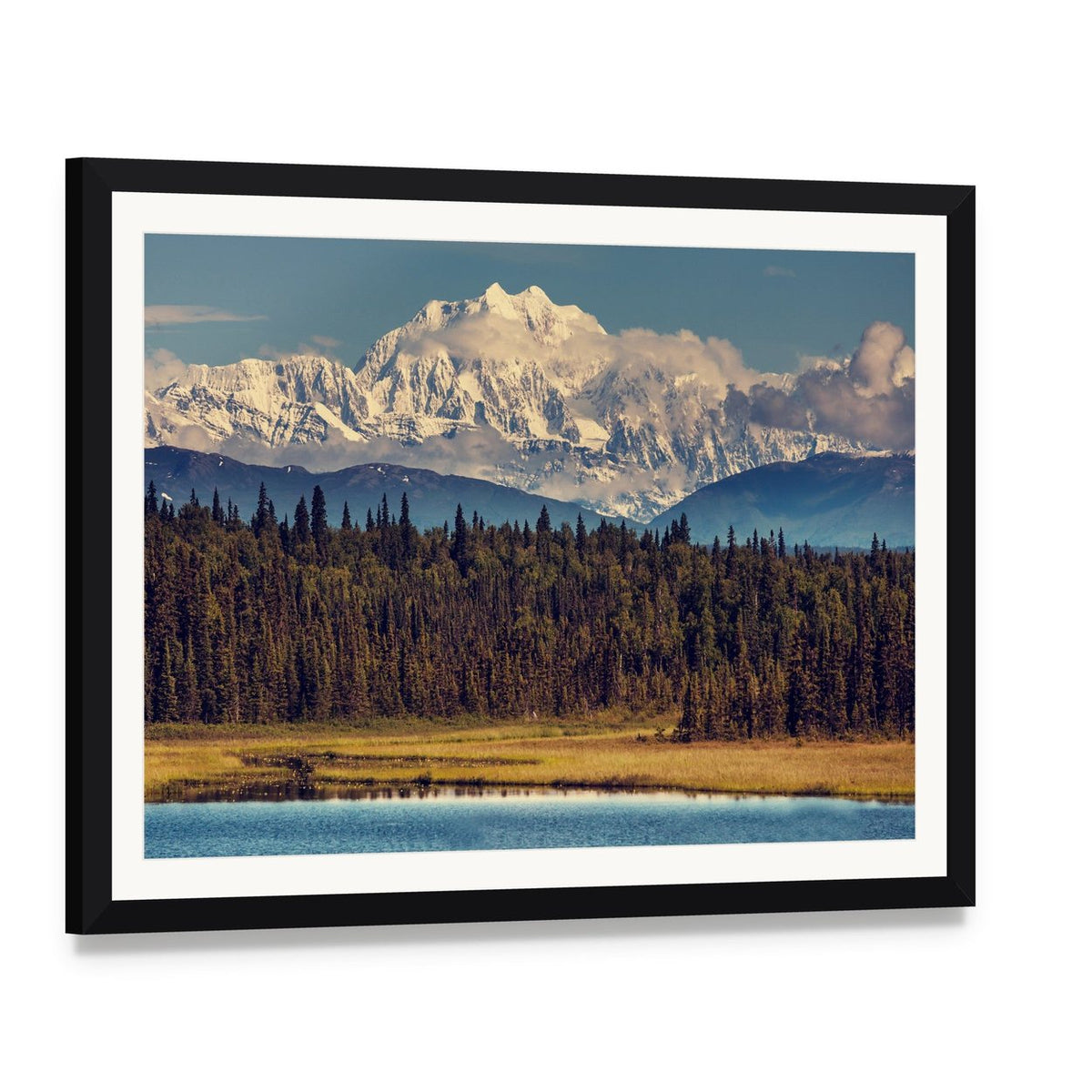Snowy Mckinley Peak Over Pine Forest Canvas Wall Art, framed print with white mat and black frame, angled product view