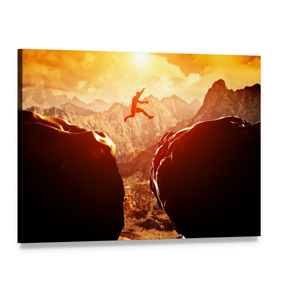 Silhouette Leaping Over Mountain Chasm Canvas Wall Art, single panel gallery wrapped canvas, angled product view