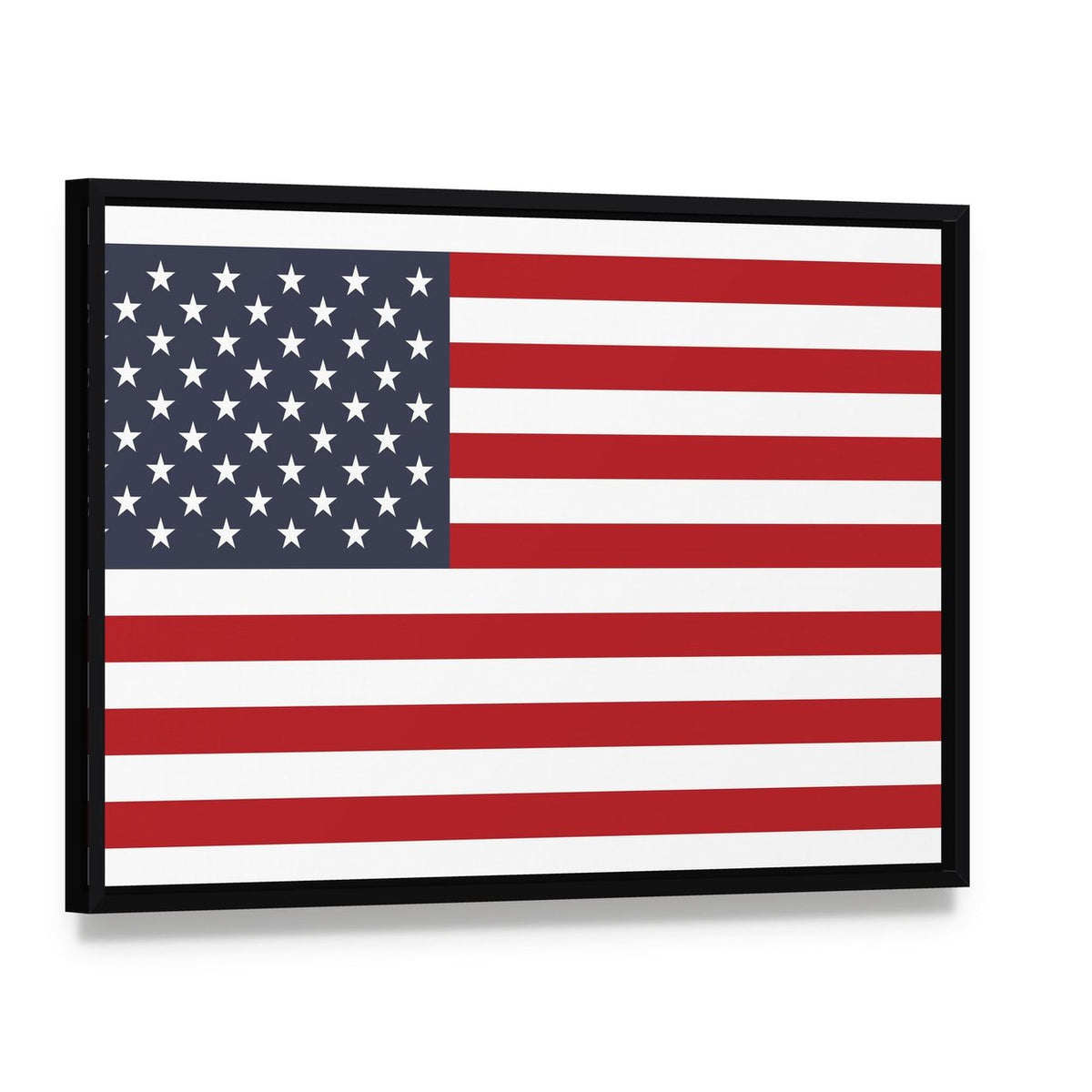 American Flag Geometric Canvas Wall Art, framed canvas in a black floater frame, angled product view