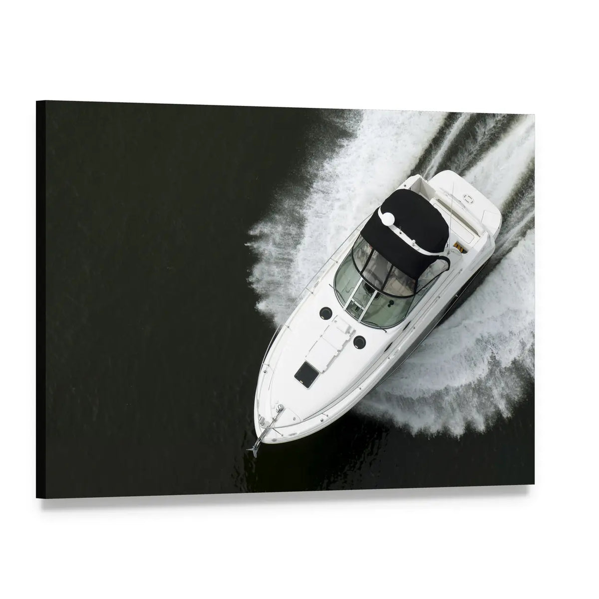 White Motorboat Over Churning Water Canvas Wall Art, single panel gallery wrapped canvas, angled product view