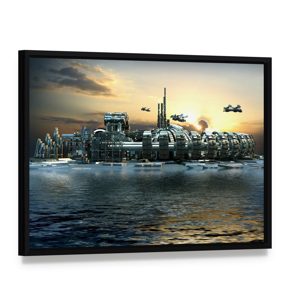 Alien Island City Canvas Wall Art, framed canvas in a black floater frame, angled product view