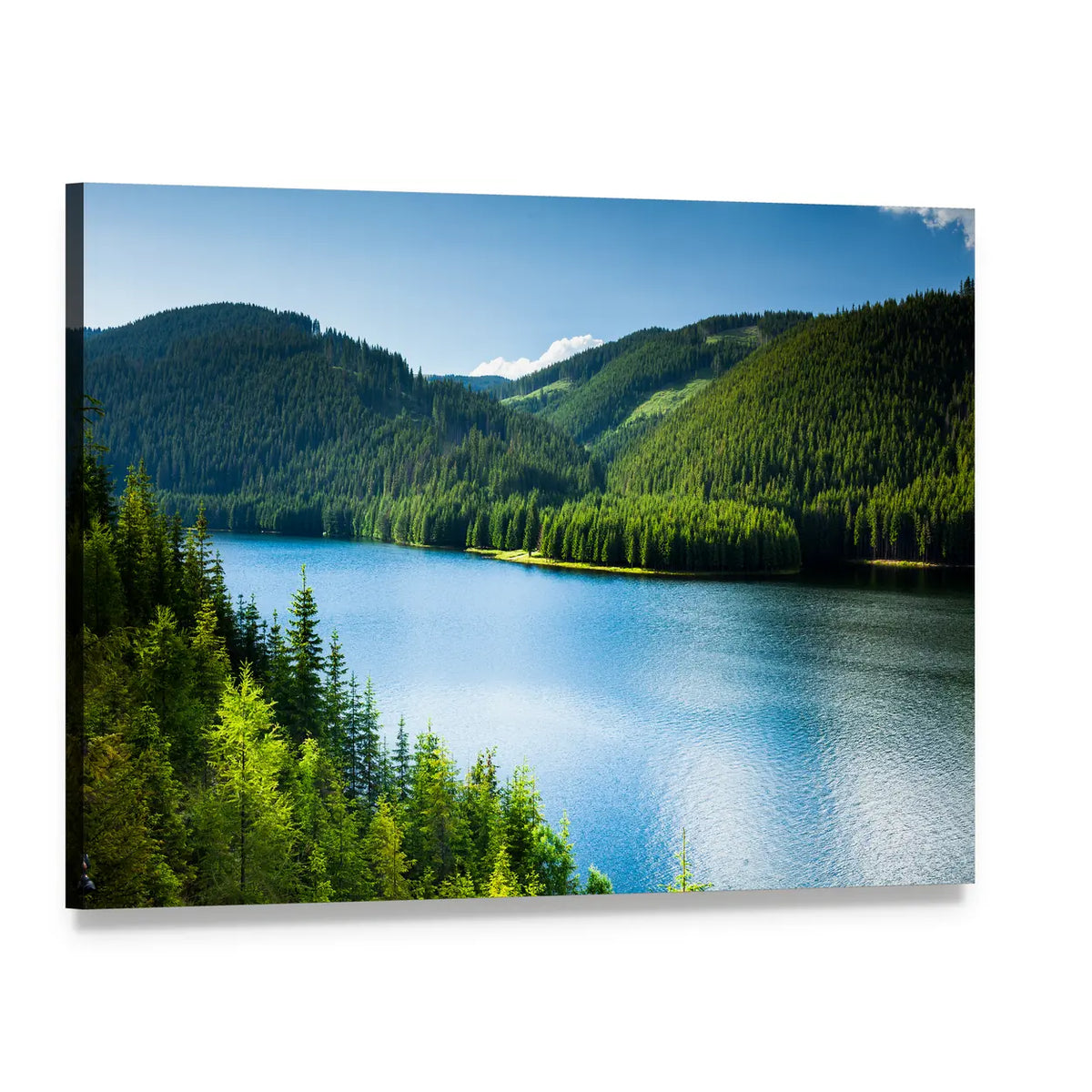 Lake in Pine Forest Canvas Wall Art, single panel gallery wrapped canvas, angled product view