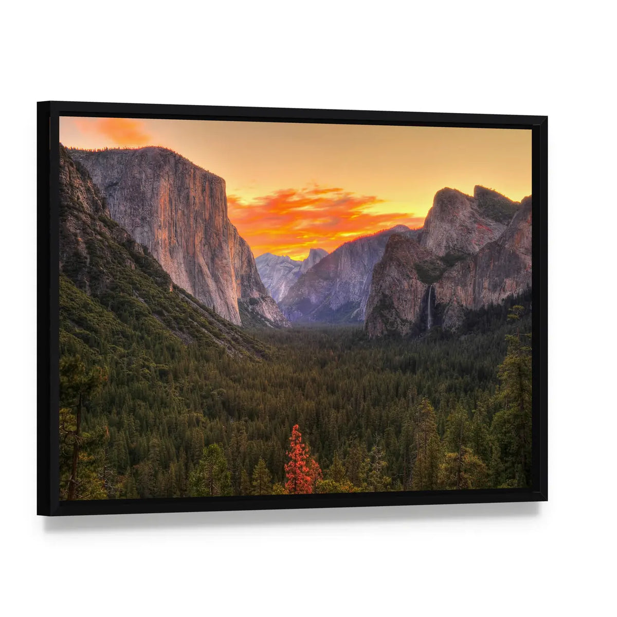 Yosemite Sunrise Over Granite Valley Canvas Wall Art, framed canvas in a black floater frame, angled product view
