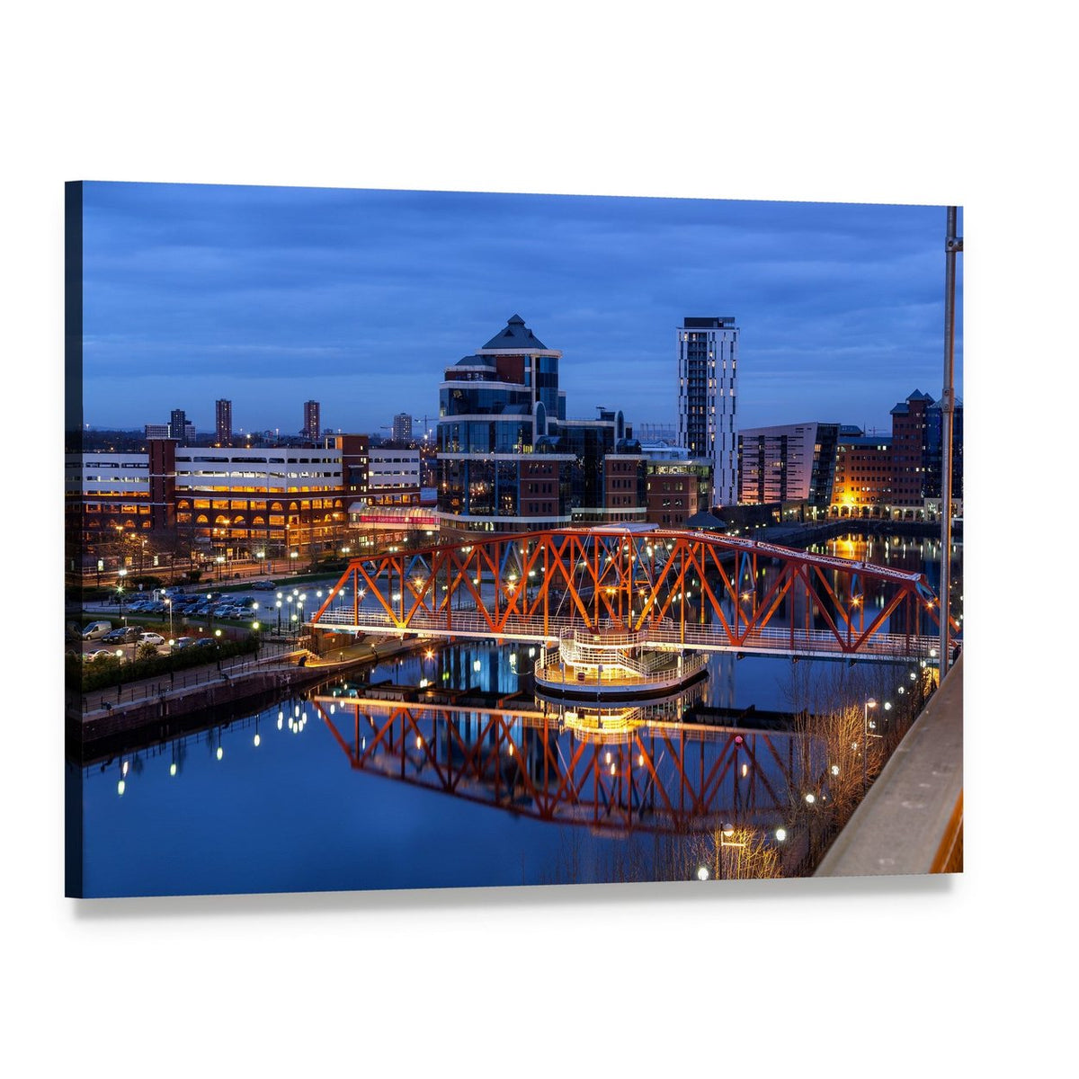 Salford Quays Skyline with Illuminated Bridge Canvas Wall Art, single panel gallery wrapped canvas, angled product view