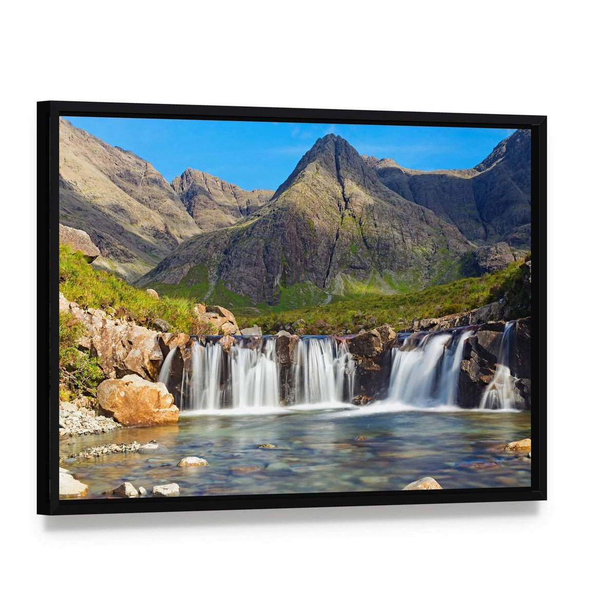 Fairy Pools Scotland Canvas Wall Art, framed canvas in a black floater frame, angled product view