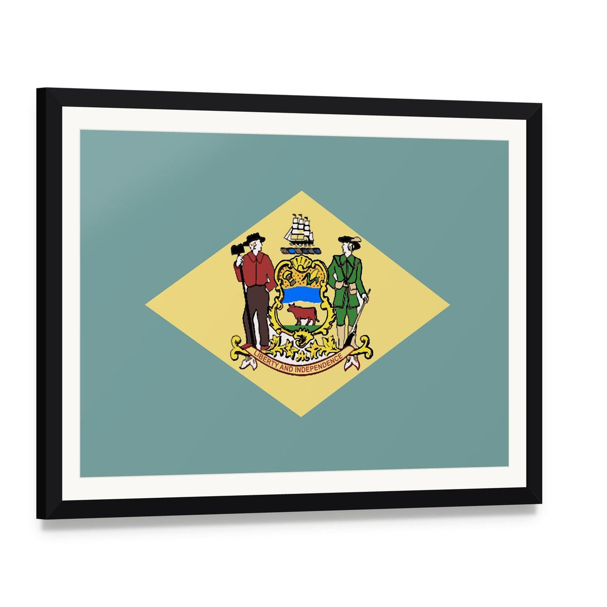Delaware State Flag Canvas Wall Art, framed print with white mat and black frame, angled product view