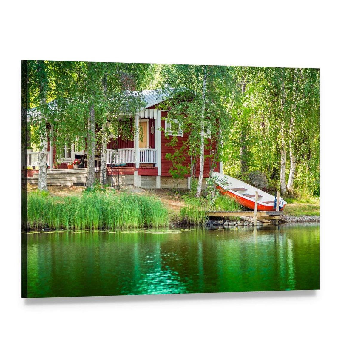Red Cabin by the Lake with Docked Boat Canvas Wall Art, single panel gallery wrapped canvas, angled product view
