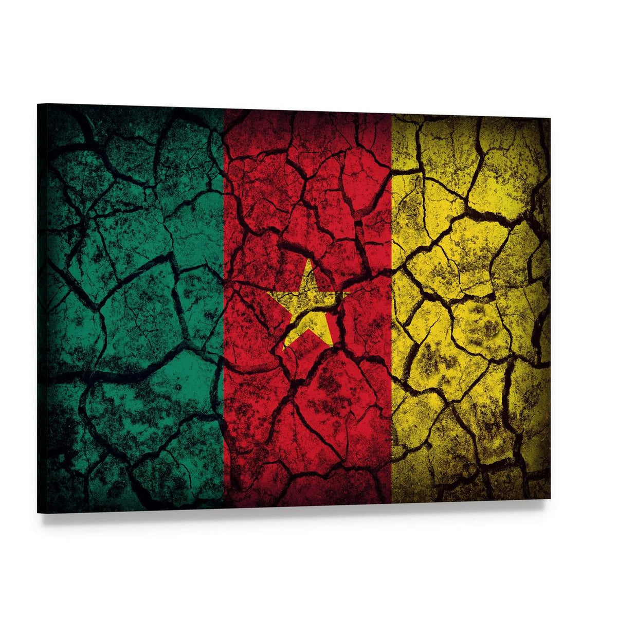 Cameroon Flag on Cracked Earth Canvas Wall Art, single panel gallery wrapped canvas, angled product view