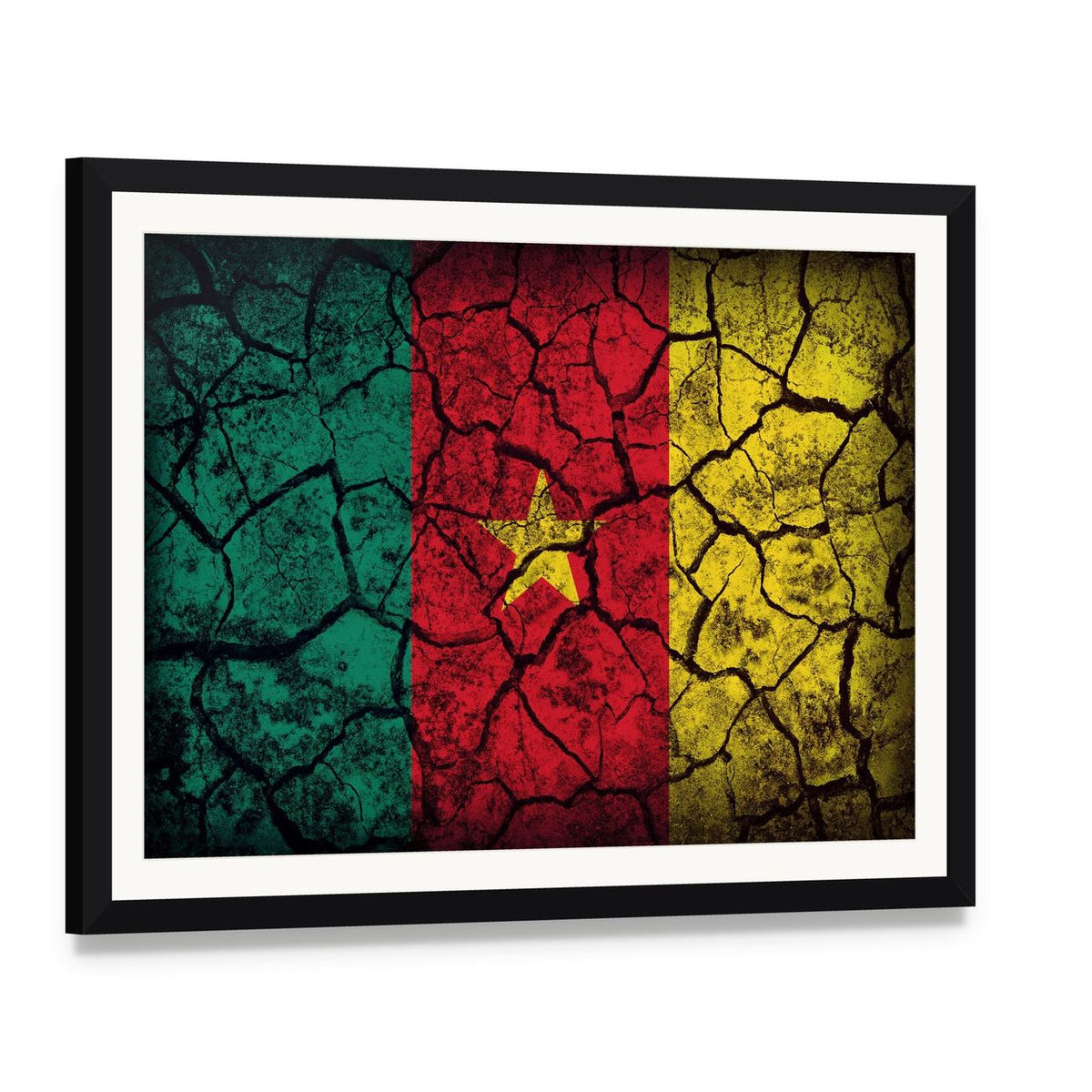 Cameroon Flag on Cracked Earth Canvas Wall Art, framed print with white mat and black frame, angled product view