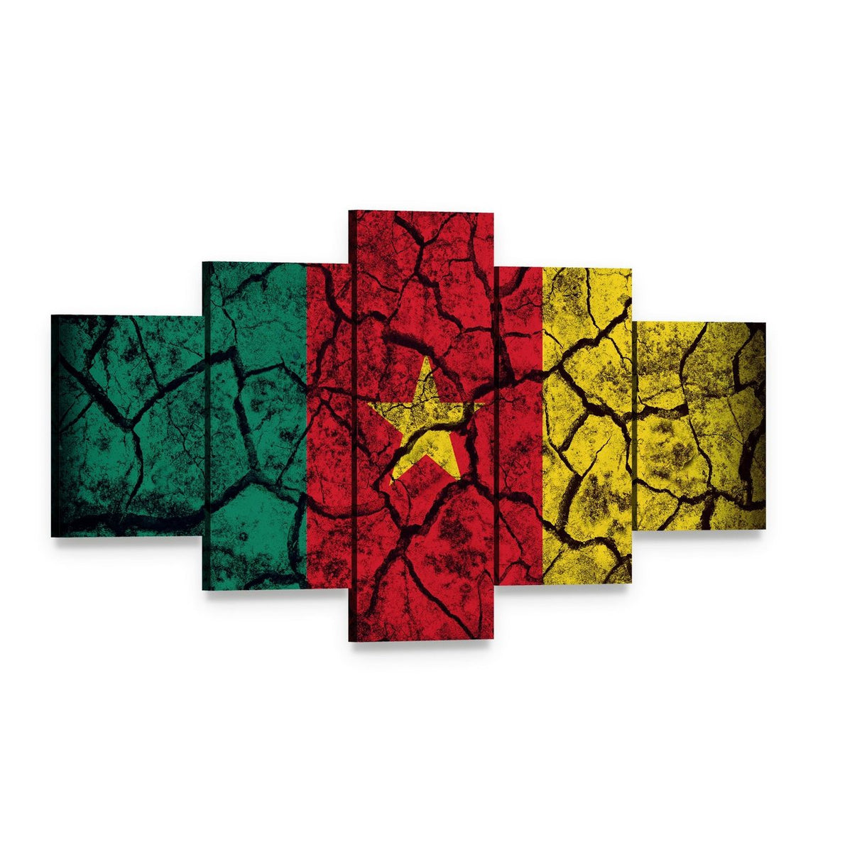Cameroon Flag on Cracked Earth Canvas Wall Art, 5 panel 5 Star layout gallery wrapped canvas set, angled product view
