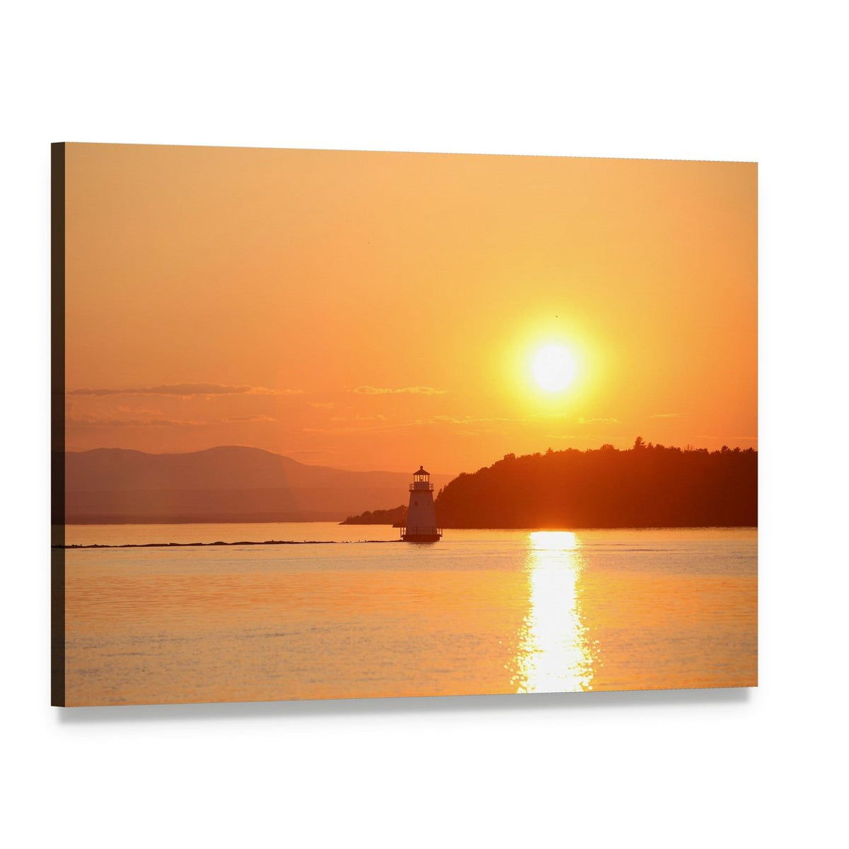 Lake Champlain Lighthouse at Sunset Canvas Wall Art, single panel gallery wrapped canvas, angled product view