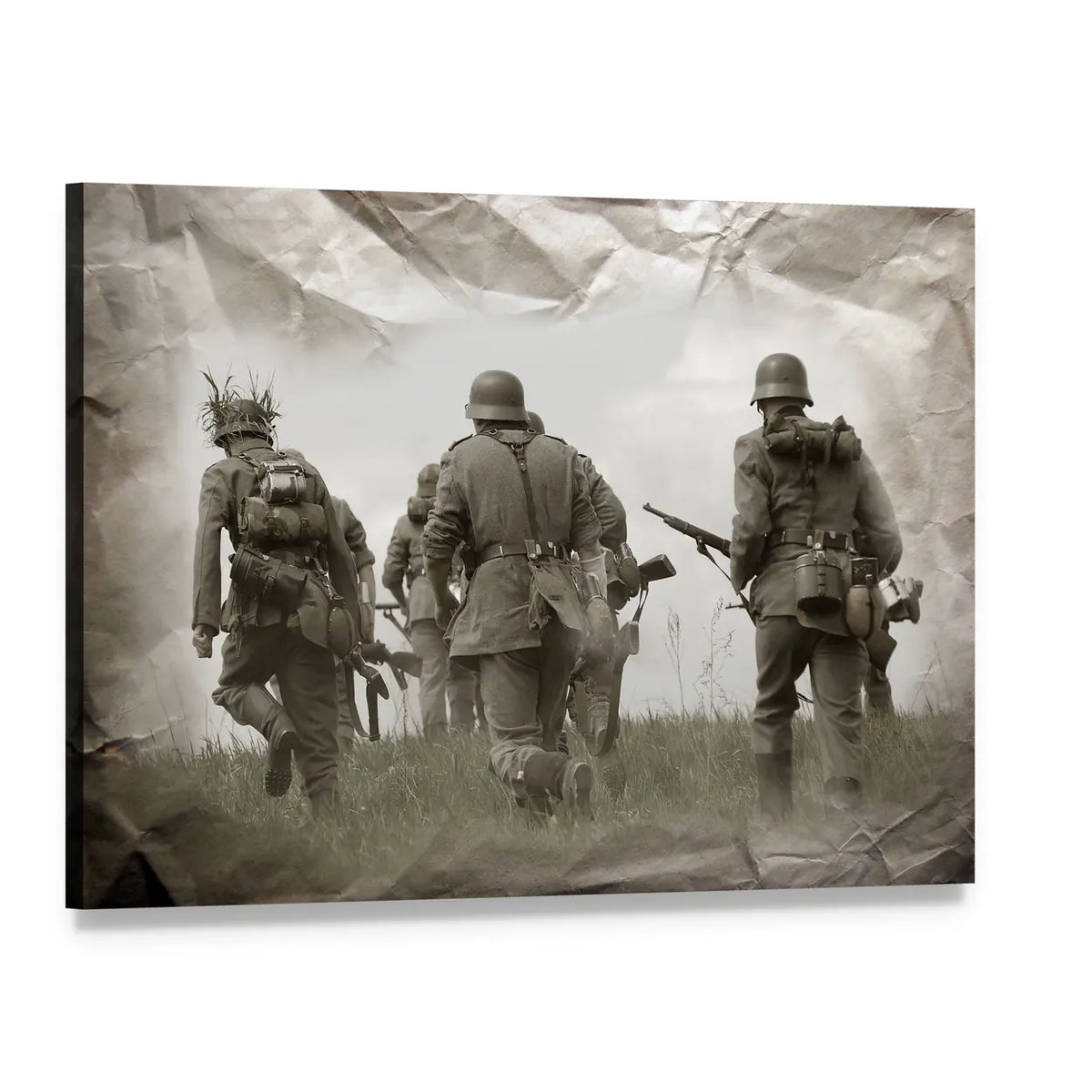 WWII German Soldiers Reenacting in Field Canvas Wall Art, single panel gallery wrapped canvas, angled product view