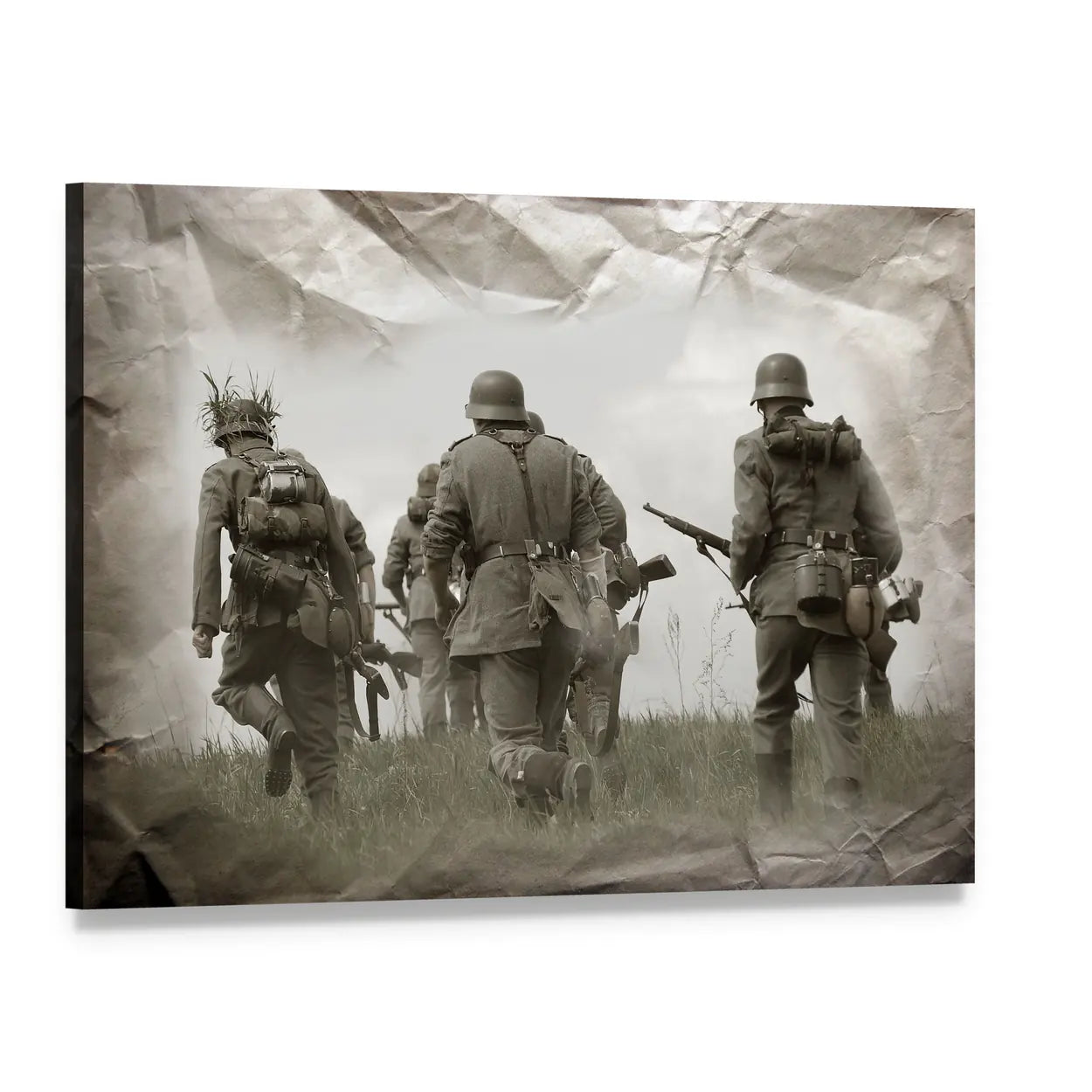 WWII German Soldiers Reenacting in Field Canvas Wall Art, single panel gallery wrapped canvas, angled product view