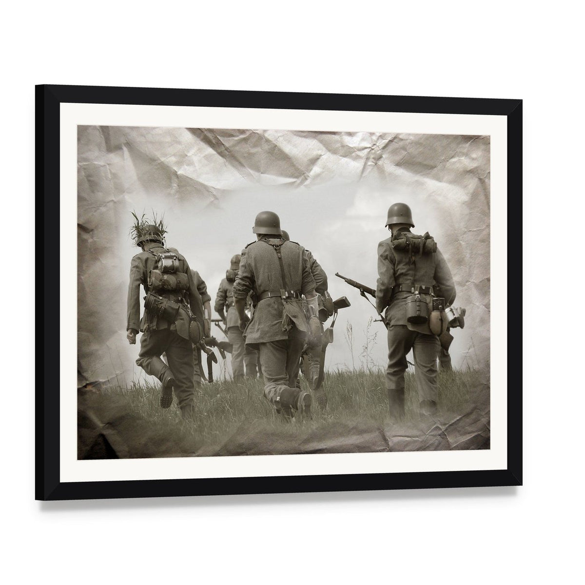 German Soldiers Ww2 Reenacting Canvas Wall Art, framed print with white mat and black frame, angled product view