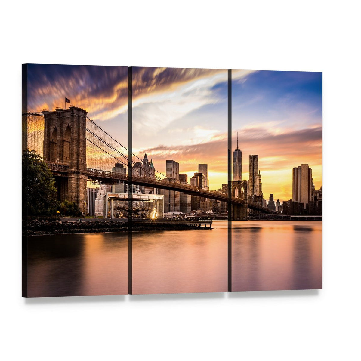 Brooklyn Bridge Park at Dusk Canvas Wall Art, 3 panel 3 Horizontal layout gallery wrapped canvas set, angled product view