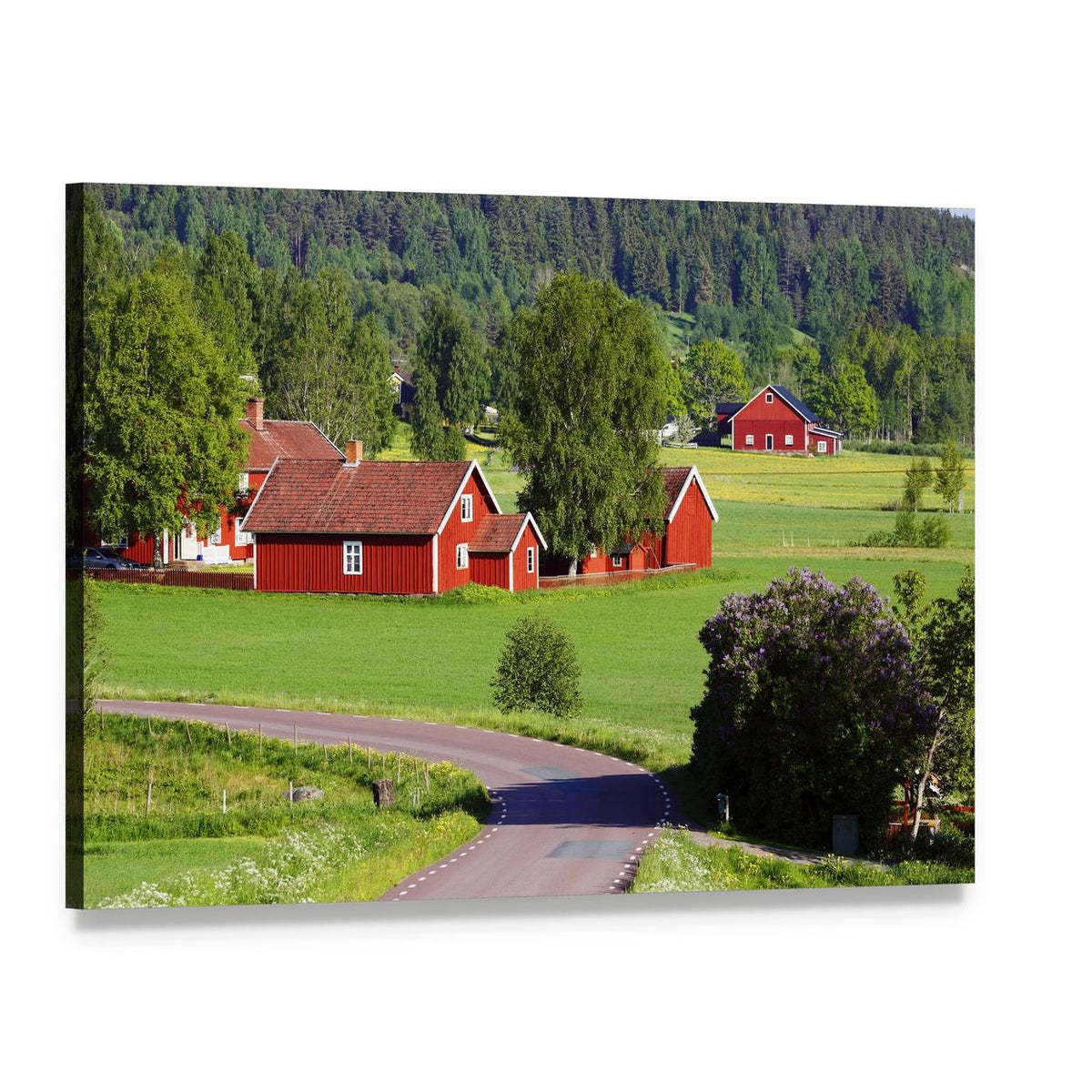 Old Red Farmhouses Canvas Wall Art, single panel gallery wrapped canvas, angled product view