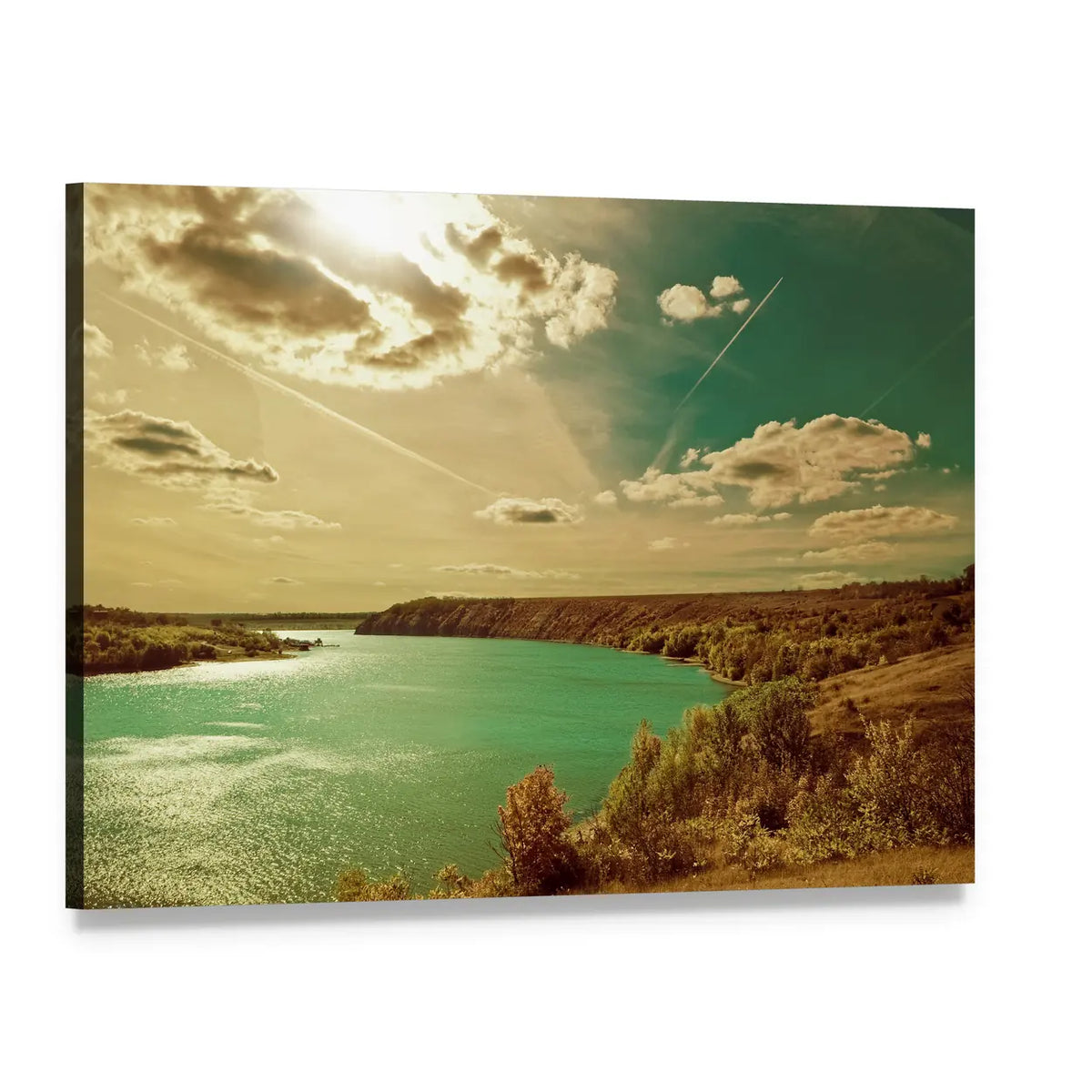 Autumn Riverside Landscape Canvas Wall Art, single panel gallery wrapped canvas, angled product view