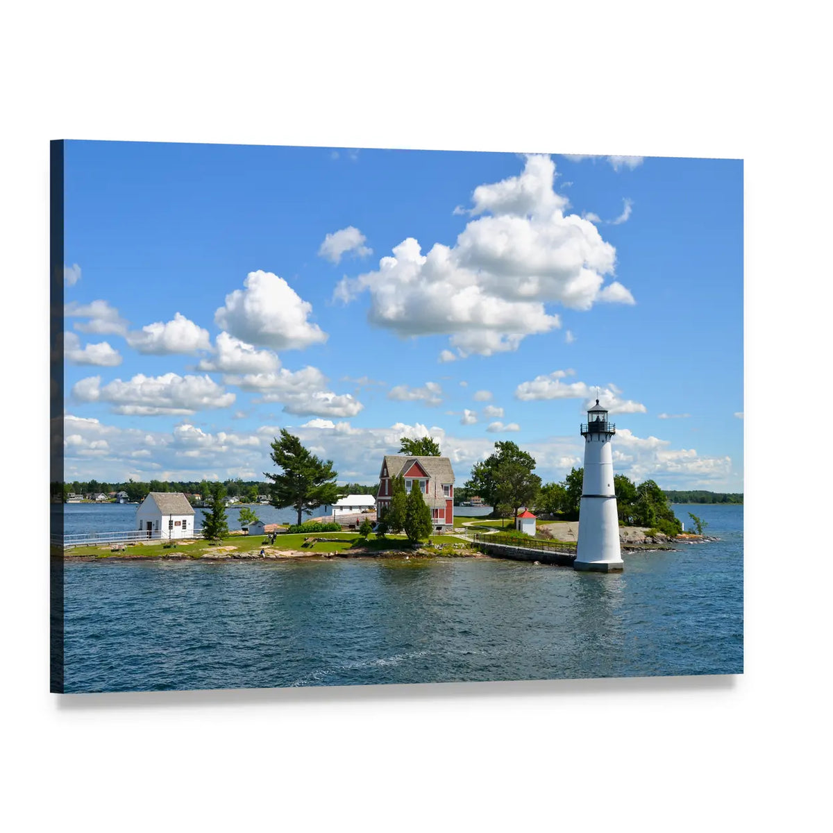 Island Lighthouse and Red-roof House Canvas Wall Art, single panel gallery wrapped canvas, angled product view