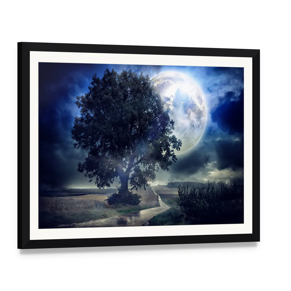 Moon Over Corn Field Canvas Wall Art, framed print with white mat and black frame, angled product view