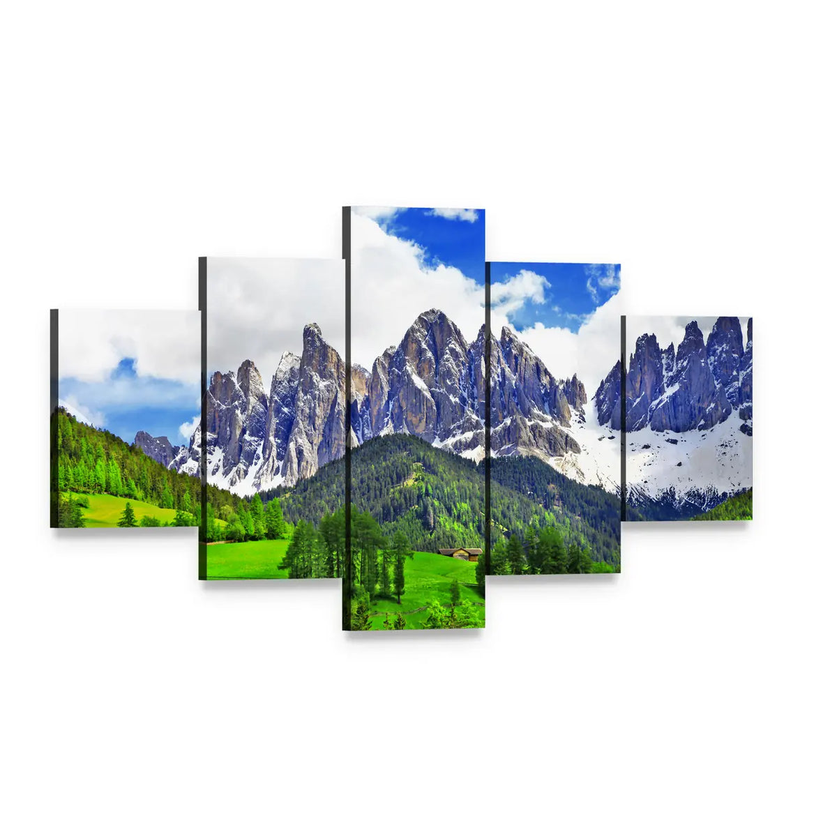 Dolomites Alpine Scenery with Red-roof House Canvas Wall Art, 5 panel 5 Star layout gallery wrapped canvas set, angled product view
