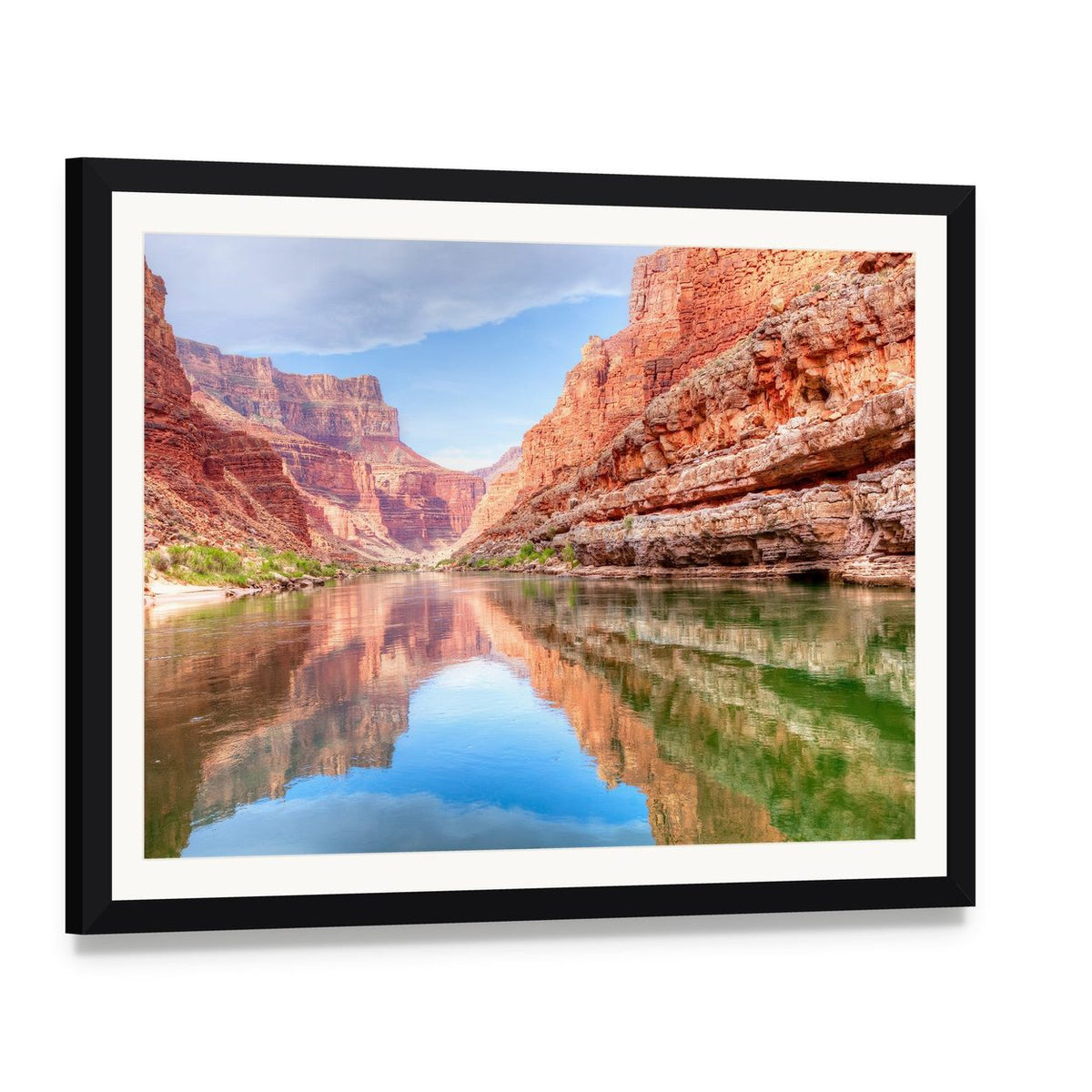 Reflection of Grand Canyon in Colorado River Canvas Wall Art, framed print with white mat and black frame, angled product view
